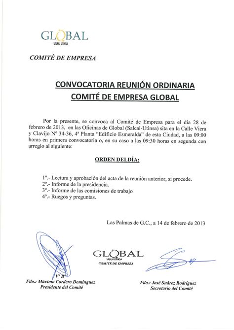 Comité de Empresa Global Salcai Utinsa Convocatoria Comité de