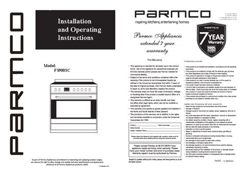 Parmco FS900SC Installation And Operating Instructions Freestanding