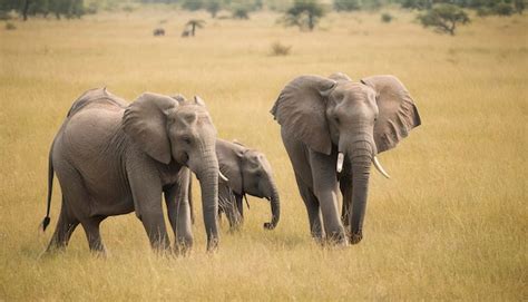 Premium Photo A Small Herd Of Elephants Walking Through Tall Grass