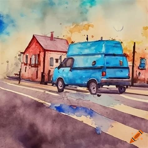 Watercolor Painting Of A Blue Van On A Road In A Neighborhood On Craiyon