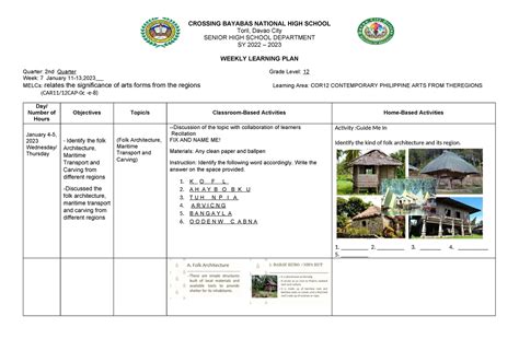 Weekly Learning Plan Folkarchetic Crossing Bayabas National High