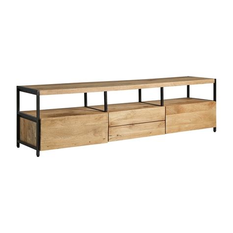 Meuble TV Celle En Bois De Manguier Noir Naturel 190 X 40 X 52 Cm Qechic