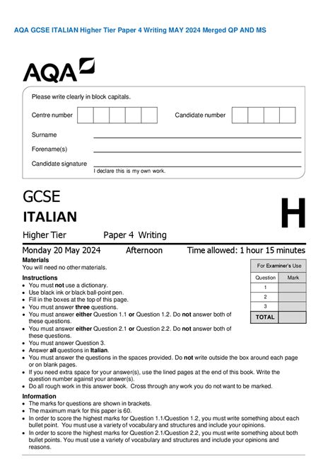 AQA GCSE ITALIAN Higher Tier Paper 4 Writing MAY 2024 Merged QP AND MS