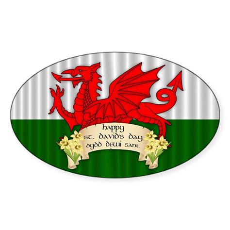 Welsh Flag St Davids Day Fabric Design Sticker Oval Welsh Flag St