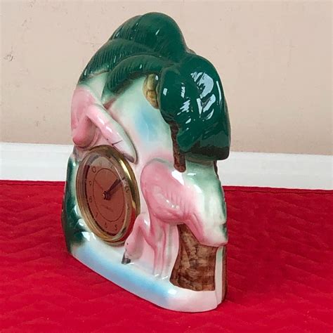 Vintage Pottery Clock Sarsaparilla Flamingo Palm Tree Art Deco 1985