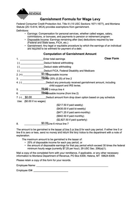 Fillable Garnishment Formula For Wage Levy Form Printable Pdf Download