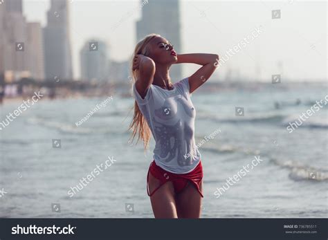 Sexy Blonde Woman Wet T Shirt On Stock Photo Shutterstock