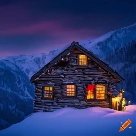 Snowy Mountain Cabin With Christmas Lights On Craiyon