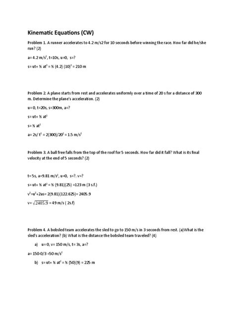 Kinematic Equations Worksheet | PDF