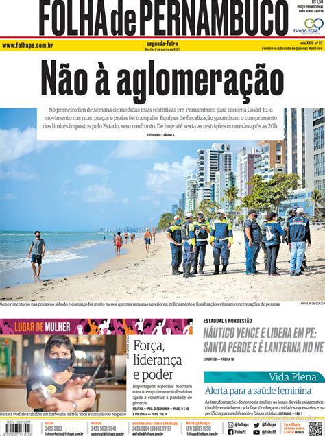 Capa Folha de Pernambuco Edição Segunda 8 de Março de 2021