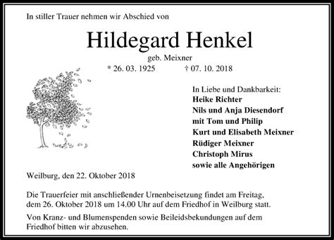 Traueranzeigen Von Hildegard Henkel Vrm Trauer De