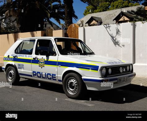 Montagu, Western Cape, South Africa, Africa - view of VW Golf police patrol car in main street ...