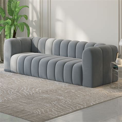 Mm Modern Grey Velvet Seater Sofa Channel Tufted Upholstered