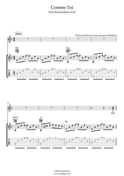 Comme Toi Easy Intermediate Level Accompaniment Guitar Jean Jacques