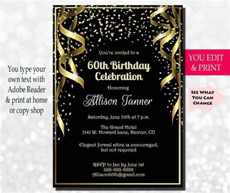 60th Birthday Invitation 60th Birthday Party Invitation 60th Invitation Gold Glitter 60th