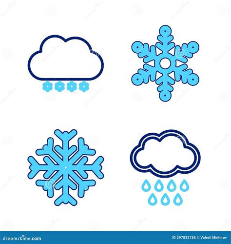 Set Line Cloud With Rain Snowflake And Snow Icon Vector Stock Vector