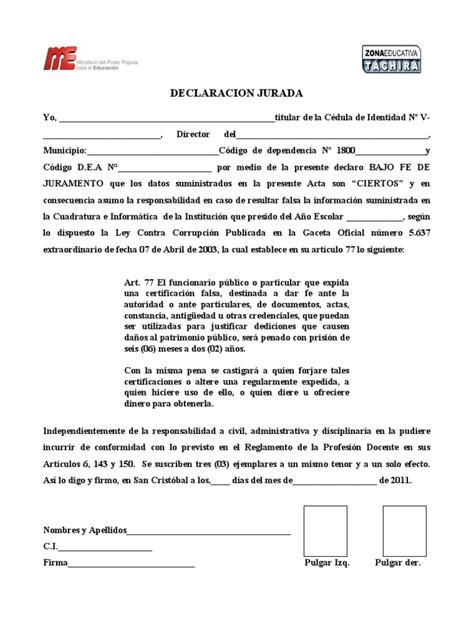 Modelo De Declaración Jurada Personal