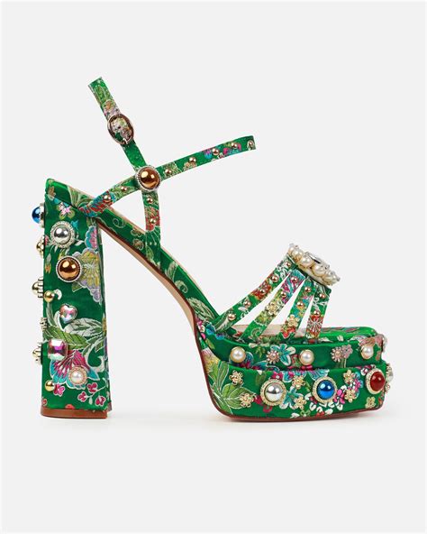 Libertie Green Satin Print Gem Platform Block Heels Simmi London