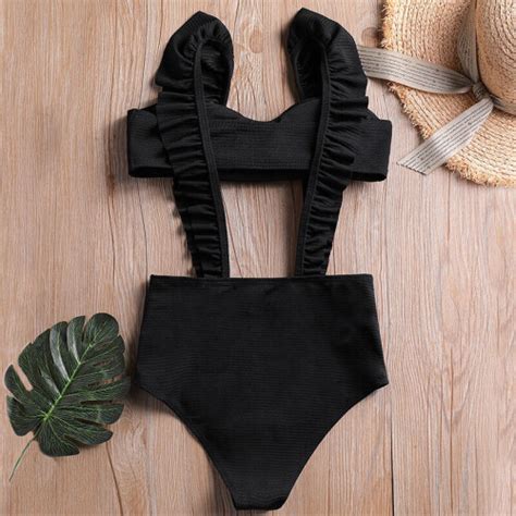 Female Sexy Bikini Set Swimming Two Piece Swimsuit Ruffle Shoulder Bib