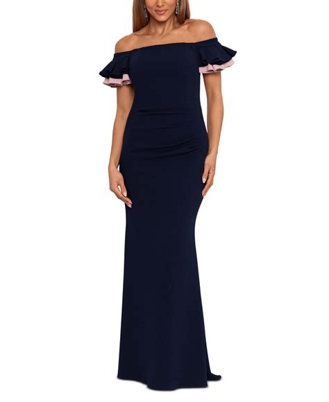 Betsy And Adam Womens Off The Shoulder Double Ruffle Gown In Navy Rose