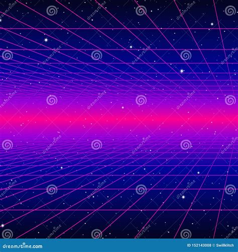 Retro Neon Background With S Styled Laser Grid And Stars Stock Vector