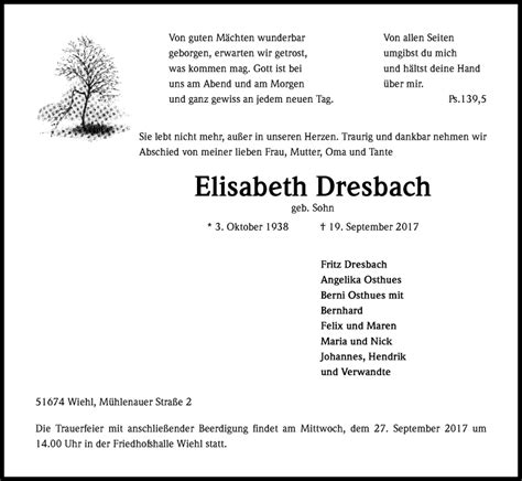 Traueranzeigen Von Elisabeth Dresbach Wirtrauern