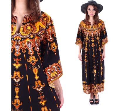 Hippie Caftan Dress 70s Bohemian Ethnic Long Bell Sleeve 70s Cotton