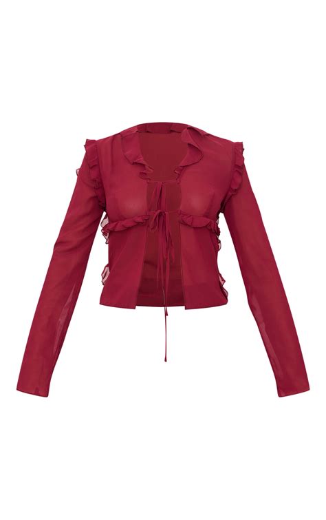 Burgundy Chiffon Ruffle Fitted Tie Front Blouse | Tops | PLT