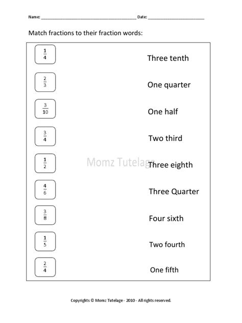 Match Fraction To Fraction Words