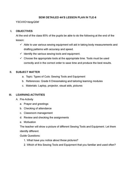 Lesson Plan 7 Semi Detailed 4a’s Lesson Plan In Tle Y3cviio1dzqyq0kf I Objectives At The End