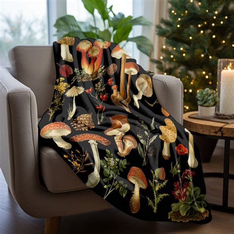 Black Vintage Mushroom Blanket Cottagecore Fall Blanket Mushroom And