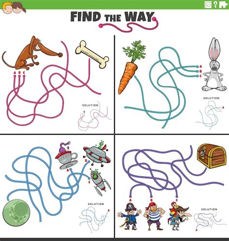 Premium Vector Find The Way Maze Game With Funny Cartoon Characters