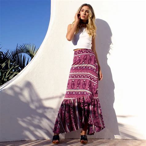 Beach Bohemian Split Skirt Vintage Print Split Long Skirt Summer 2017