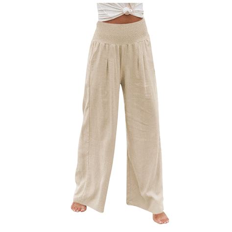 Qcmgmg Women S Cotton Linen Loose Fit Palazzo Pants Casual High Waist