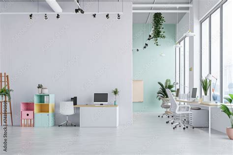 Sleek modern workspace with ample lighting, verdant touches, minimalist ...