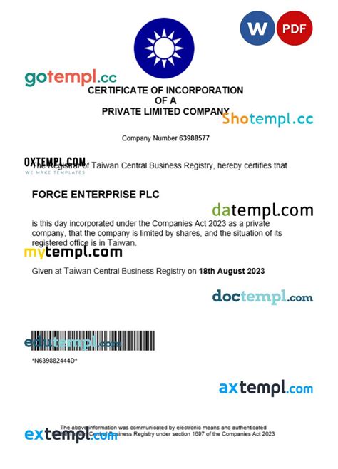 Taiwan Business Registration Certificate Word And PDF Template Gotempl