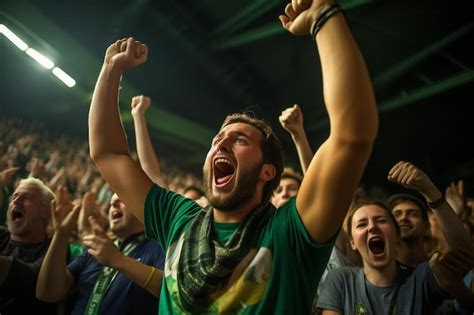 Um Homem De Camisa Verde Est Torcendo Os Bra Os Levantados No Ar