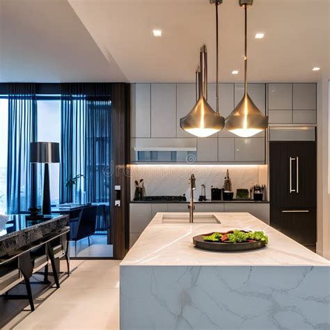 A Modern, Open-concept Kitchen with High-gloss Cabinets, Sleek Pendant Lights, and a Marble ...