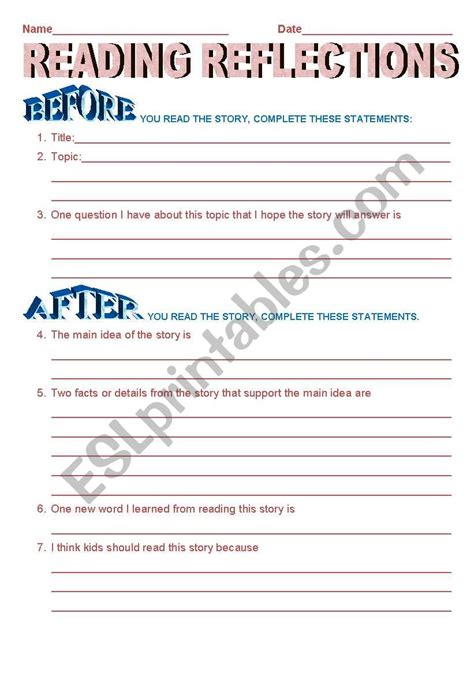 Reading Self Reflection Worksheet