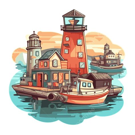 Cartoon Illustrations Of A Boat House In The Bay With Lighthouse Vector