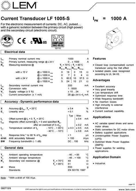 Product Specifications Datasheet LEM Voltage Transducer Module CV 3 500