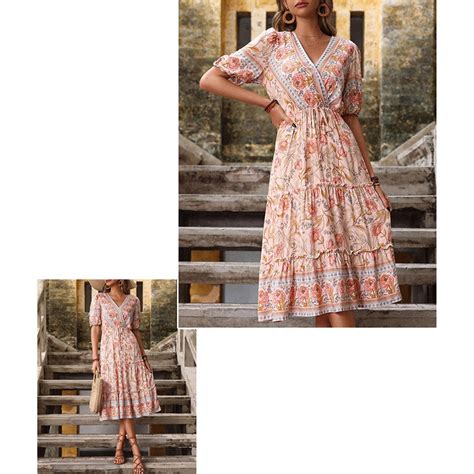 Women Dress Summer Floral Printed V Neck Mid Length Dress With Wooden