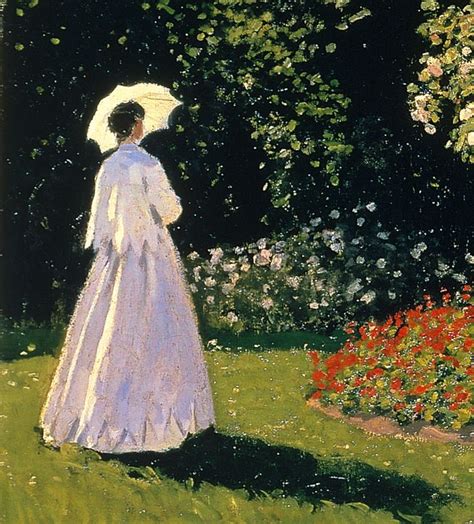 A Painting Of A Woman In A White Dress Holding An Umbrella Near Flowers