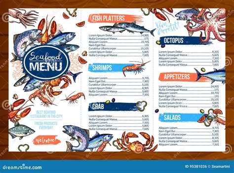 Vector El Menú Para El Restaurante De Los Mariscos O De Los Mariscos De