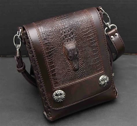 Men Genuine Leather Retro Rocker Punk Alligator Shoulder Bag Wallet