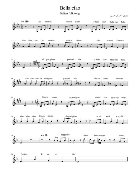 Bella Ciao Sheet Music For Piano Solo Easy