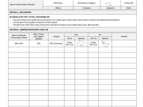 Confined Space Entry And Exit Log Wsh Peer