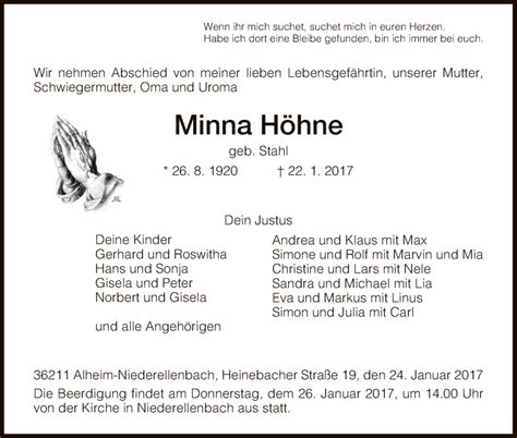 Traueranzeigen von Minna Höhne Trauer HNA de