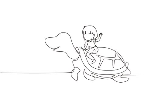 Single One Line Drawing Little Girl Riding Sea Turtle Child Sitting On