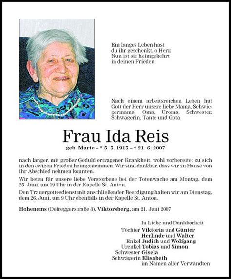 Todesanzeigen Von Ida Reis Todesanzeigen Vorarlberger Nachrichten